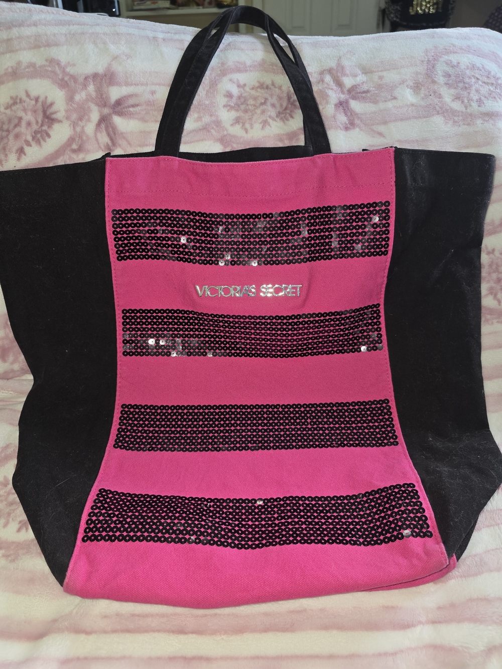 Victoria's Secret Pink and Black Sequin Stripe Tote Bag